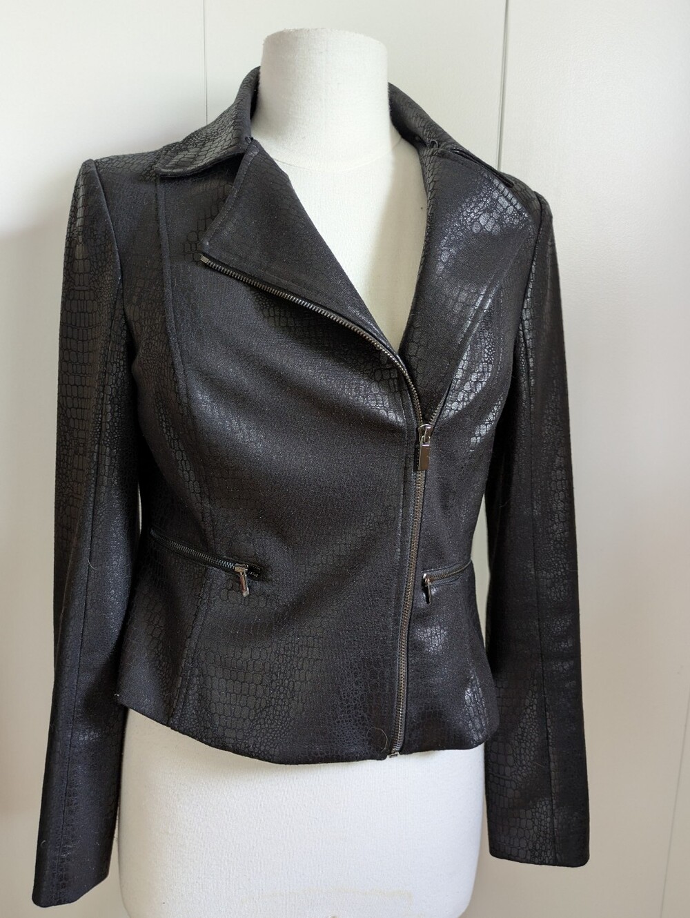 Cache Black Croc-Texture Faux Leather Moto Jacket
